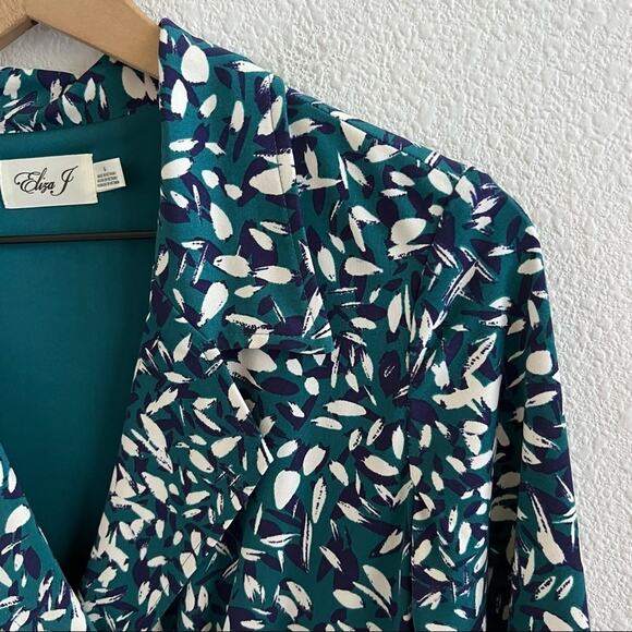 Eliza J Faux Wrap Collared Green Cream Navy Brushstroke Dress 6 - Picture 4 of 14